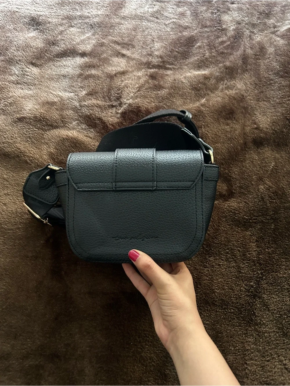 True Religion Black Crossbody Bag with Gold Horseshoe Accent